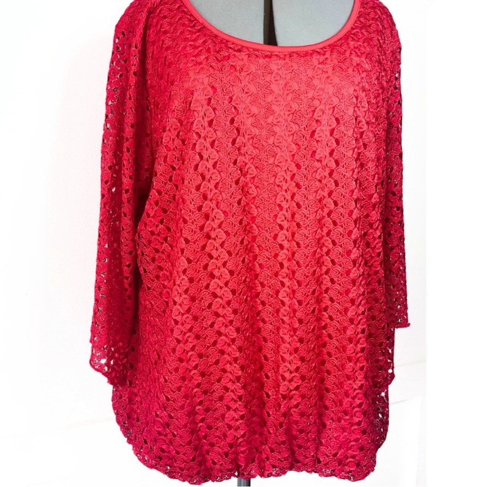Plus Size Crochet Lace Red Blouse Top, Bell sleeves